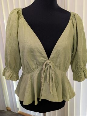 7 For All Mankind Tie-Front Peplum Blouse in Olive Green